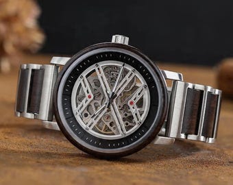 Father's Day Gift for Dad - Engraved Wooden Watch - Personalized Mechanical Watch - Skeleton Dial Wood Watch - Custom Gift from Daughter Son