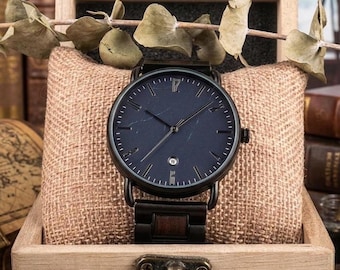 Groomsmen Gift Watch - Engraved Marble Dial Watch - Personalized Wood Steel Watch for Him - Best Man Gift - Custom Wedding Watch for Men