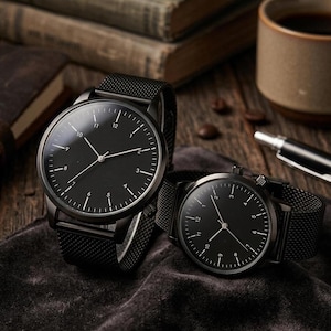 May include: Two black wristwatches with mesh bands are displayed. The watches have black faces with white hour markers and hands. The watches are on a dark gray surface, with a coffee cup and books in the background.