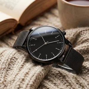 May include: A black wristwatch with a mesh band rests on a beige knitted surface. The watch has a black face with white hour markers and hands. A cup of tea and an open book are in the background.
