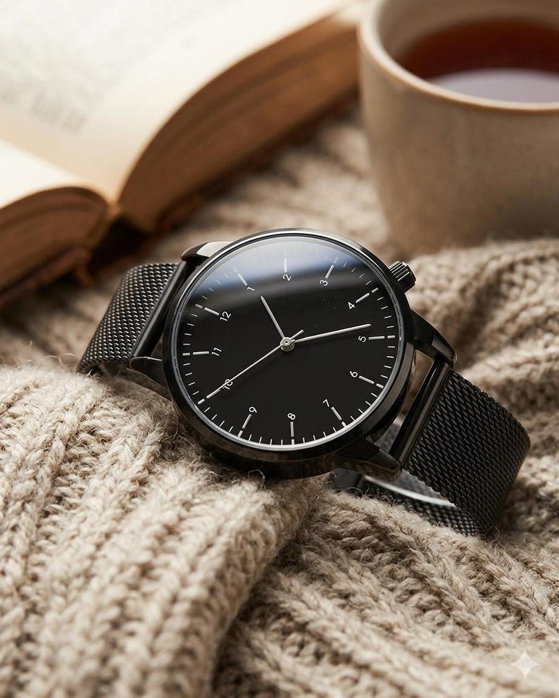May include: A black wristwatch with a mesh band rests on a beige knitted surface. The watch has a black face with white hour markers and hands. A cup of tea and an open book are in the background.