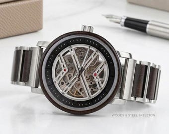 Groomsmen Gift Watch - Engraved Wooden Watch for Him - Personalized Wedding Gift for Husband - Mechanical Skeleton Watch - Custom Wood Watch