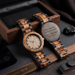 Personalized Couple Wooden Watches, Engraved His and Hers Watch Set, Custom Anniversary Gift for Couples image 2