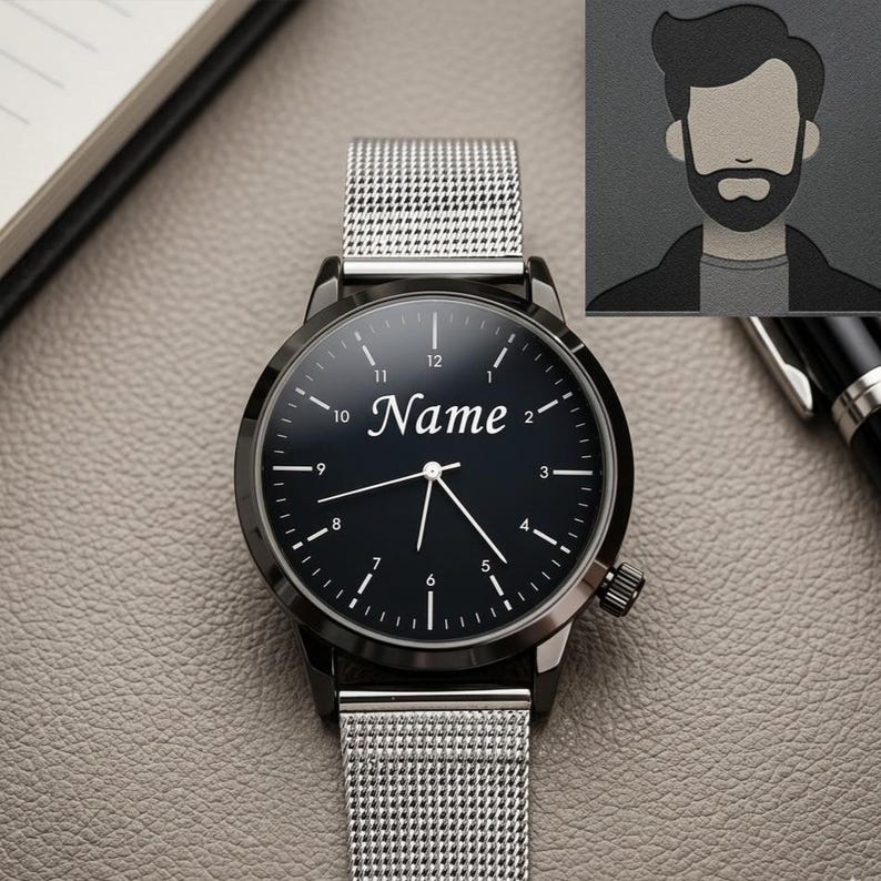 May include: A black wristwatch with a silver mesh band. The watch face is black with white numerals and hands. The word "Name" is printed on the watch face. A graphic of a person with a beard is in the background.
