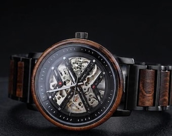 Mechanical Wooden Watch for Men, Custom Engraved Automatic Skeleton Watch, Luxury Gift for Husband