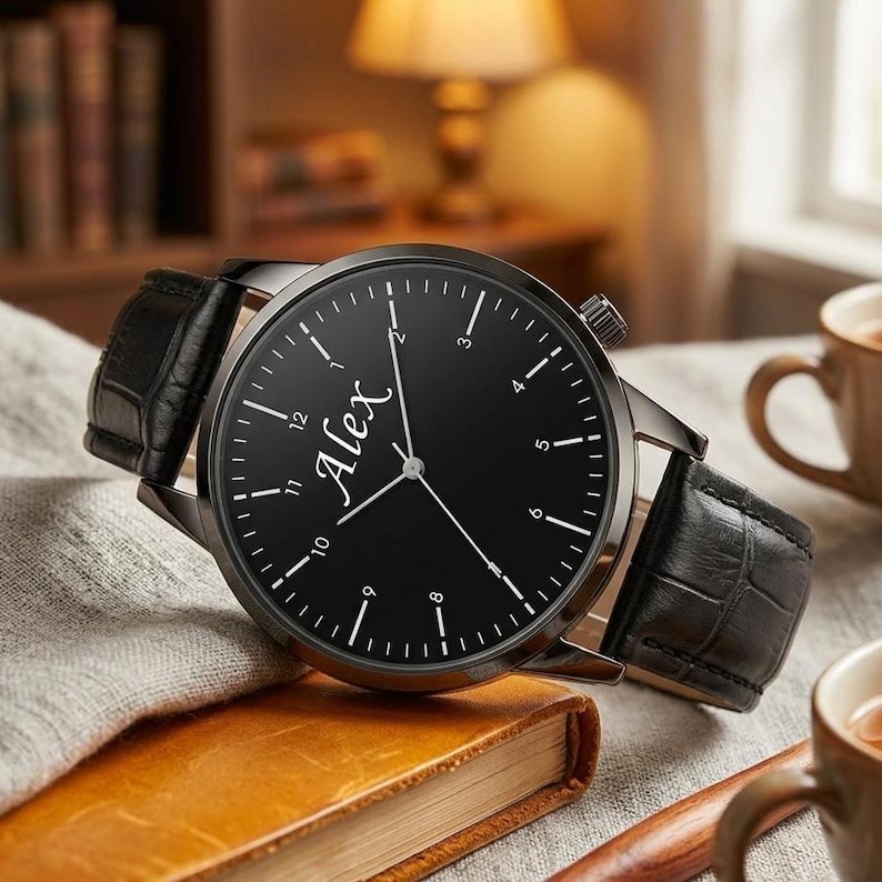 May include: A black wristwatch with a leather band. The watch face is black with white hour markers and hands. The name "Alex" is written in cursive on the watch face. The watch is resting on a book.