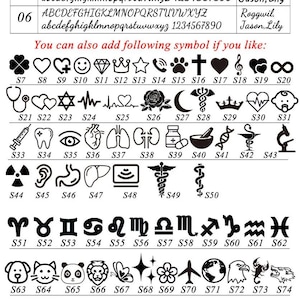 May include: A chart displaying various font styles and symbols for customization. The text reads "Pls choose font you like." Font examples include uppercase and lowercase letters, along with numbers. Symbols include hearts, stars, and zodiac signs.