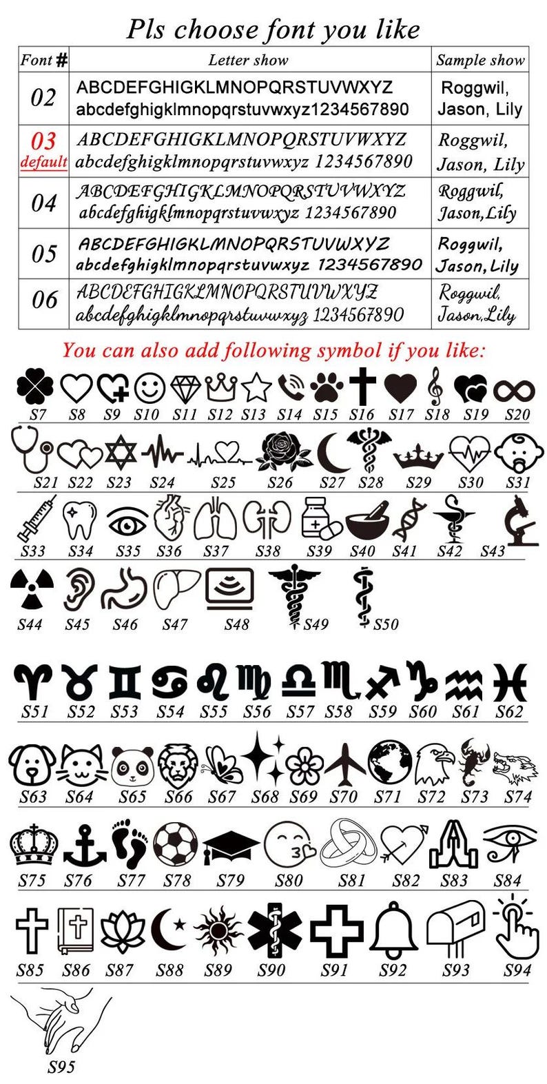 May include: A chart displaying various font styles and symbols for customization. The text reads "Pls choose font you like." Font examples include uppercase and lowercase letters, along with numbers. Symbols include hearts, stars, and zodiac signs.