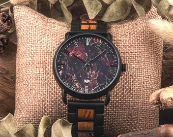 Engagement Gift for Him - Engraved Marble Dial Watch - Personalized Wood Steel Watch for Fiancé - 1st Anniversary Gift - Custom Mens Watch