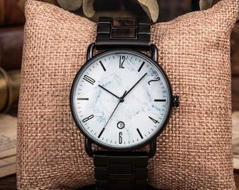 1st Anniversary Gift for Him - Engraved Marble Dial Watch - Personalized Wood Steel Watch for Husband - Custom Wood Watch - Gift for Men