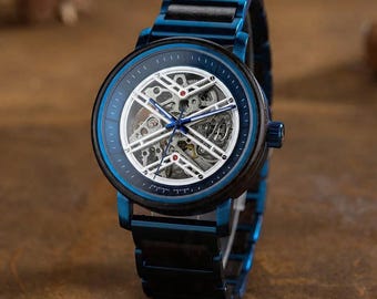 Personalized Gift for Him - Engraved Wooden Watch - Custom Mechanical Skeleton Watch for Men - Luxury Wood Watch - Unique Mens Watch Gift