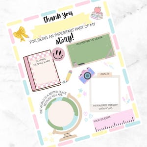 Puede incluir: Un imprimible colorido de agradecimiento al profesorado con las palabras "thank you" y "For being an important part of my story!". Incluye ilustraciones de un libro, un globo terráqueo, una cámara, una manzana y una pizarra.