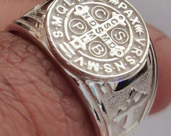 Sterling Silver St. Benedict Medal Ring: Catholic Signet Cross