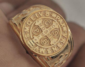 Sterling Silver Saint Benedict Medal Ring: Catholic Cross Signet