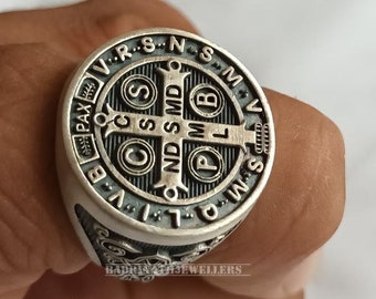 Sterling Silver Saint Benedict Medal Ring: Catholic Exorcism Cross Signet, religious promise God gift ring wedding anniversary gift ring,