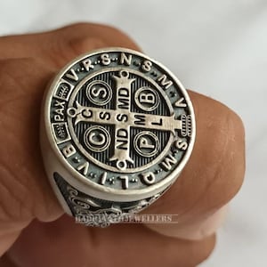 Sterling Silver Saint Benedict Medal Ring: Catholic Exorcism Cross Signet