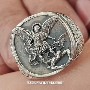 St Michael Pinky Signet Ring For Men, Oxidized Archangel Saint Michael Ring in Sterling Silver, Christian Ring For Family, Religious Ring