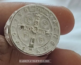 Sterling Silver St Benedict Signet Ring - Christian Cross Ring
