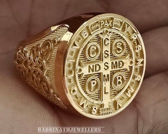 Sterling Silver St Benedict Signet Ring: Christian Cross Ring for Men