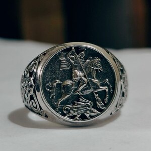 St George and the Dragon Ring, 925K Silver Saint George of Lydda Ring, Religious Jewelry, Custom Handmade Bulky Ring, Mens Christian Gift