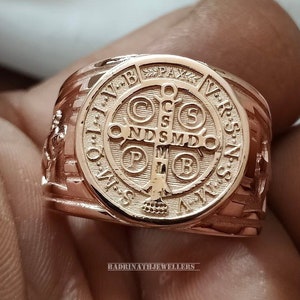 St Benedict Signet Pinky Ring for Men in Sterling Silver, Extraordinary Cross Ring in Christianity, Antique Faith Ring in Silver, Men Gifts