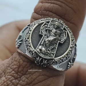 St Michael The Archangel Silver Ring, 925K Sterling Cross Ring, Men Christian Signet Ring, Leader of Angels Charm, Catholic Custom Jewelry