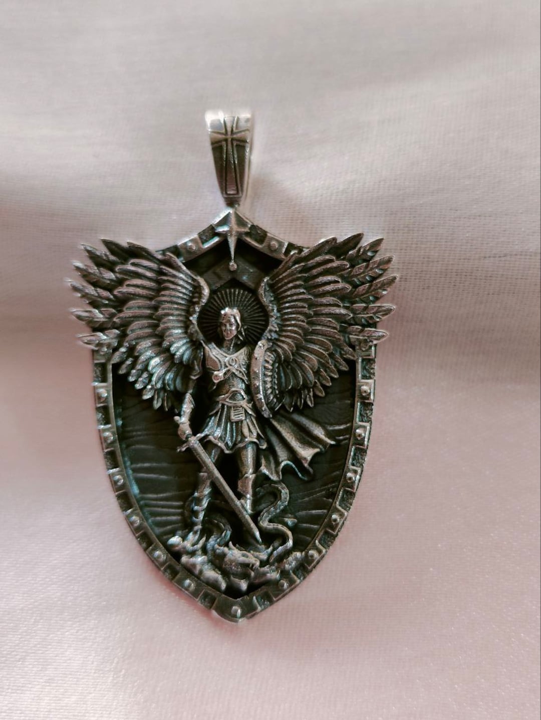 St Michael Archangel Shield Necklace, Saint Michael Archangel Pendant for Christian, Oxidized