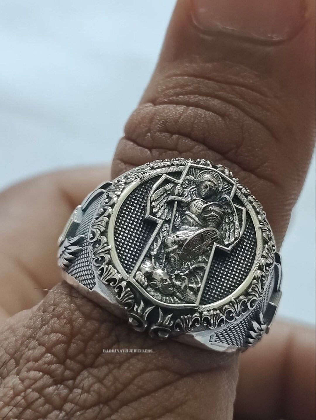 St Michael the Archangel Silver Ring, 925K Sterling Cross Ring, Men