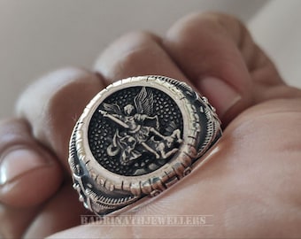 St Archangel Michael 925 Sterling Silver Ring: Men's Cross Band, Spiritual Jewelry,st Michael Archangel religious promise gift ring