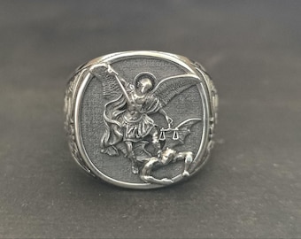 925 Sterling Silver St Archangel Michael Ring: Men's Christian Cross Band,St Michael Archangel religious promise gift ring,Michael jewelry