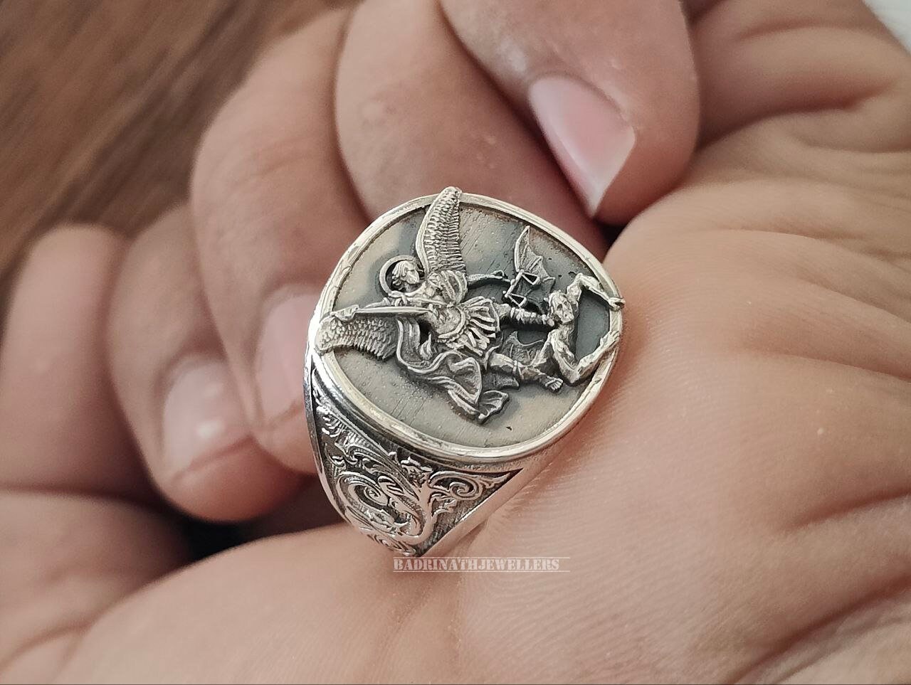 St Michael Pinky Ring for Men, Oxidized Archangel Saint Michael Ring in Sterling Silver