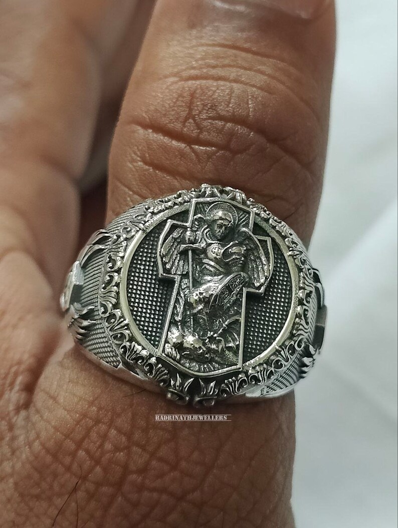 St Michael the Archangel Silver Ring, 925K Sterling Cross Ring, Men