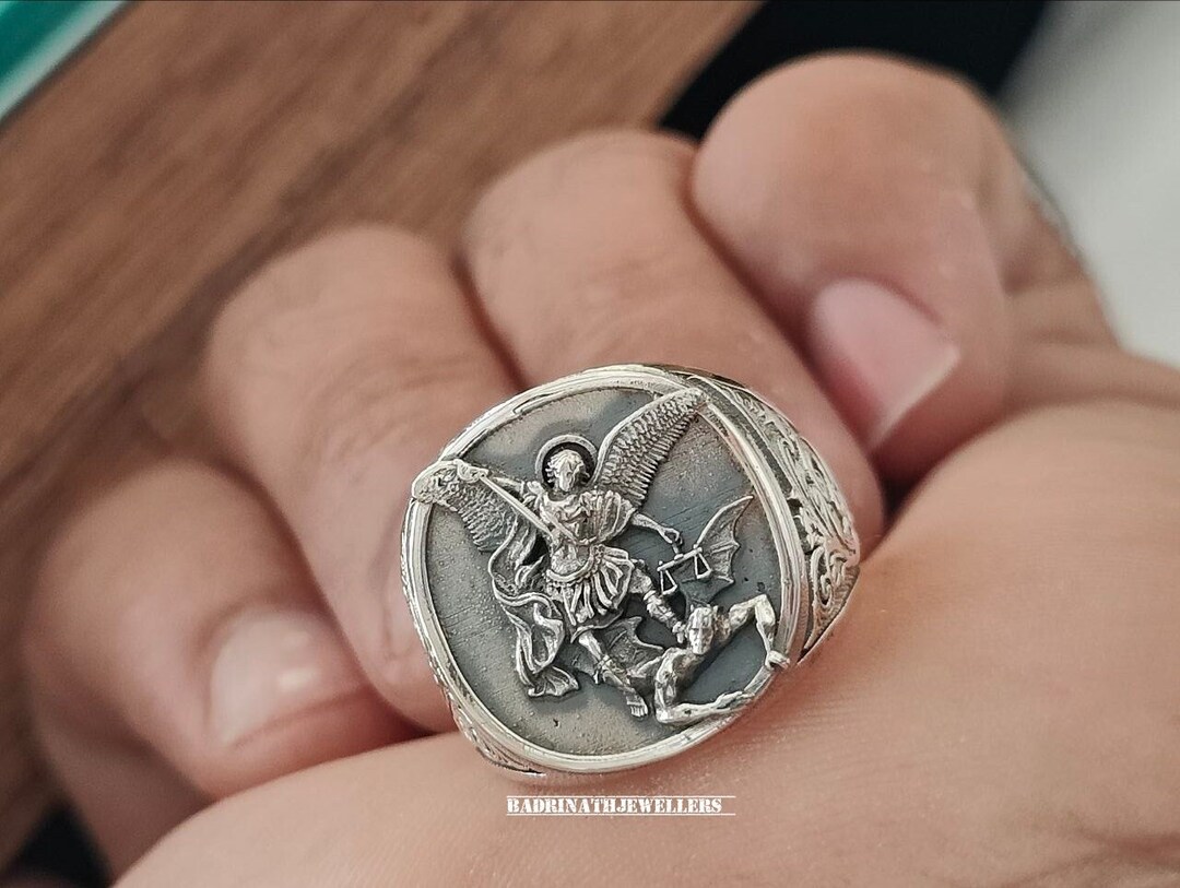 St Michael Pinky Ring for Men, Oxidized Archangel Saint Michael