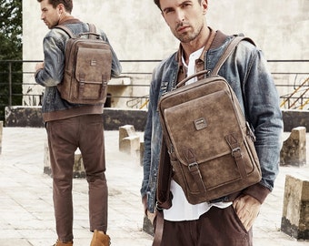 Handmade Leather Backpack for Men - Stylish & Durable 20L Travel Bag - Great for Student, Youth and Computer Use - Drawstring Buckle Opening