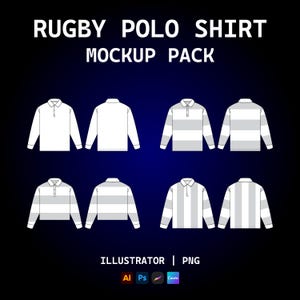 Puede incluir: Un paquete de maquetas de polos de rugby. La imagen muestra vistas delanteras y traseras de camisas de manga larga, algunas blancas lisas y otras con rayas grises y blancas. El texto en la parte superior dice "RUGBY POLO SHIRT MOCKUP PACK."