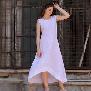 White Linen Dress, Sleeveless With Pockets, Loose Summer Dress, Handmade Dress, Women&#39;s Clothing, Custom Size Dress