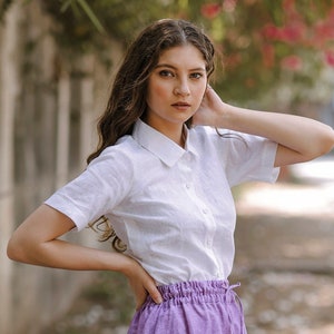 White Linen Shirt for Women, Summer Linen Shirts, Classic Soft Comfy Shirt with Short Sleeves and Collar, Formal Shirt For Women