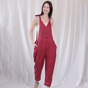 Organic 100% Linen Jumpsuit Women’s, Linen Dungarees, Flax Jumpsuit, Corduroy Overalls, Summer Romper, Overall Dress, Maroon Linen Dress
