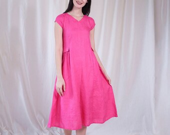 Pink Linen Dress With Cap Sleeves, V-Neck Linen Tunic, Romantic Linen Dress, Soft Linen Dress, Plus Size Women Dress