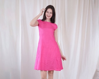 Pink Linen Tunic Dress, Linen Midi Dress, Summer Dress, Short Sleeve Linen Dress, Valentines Gifts For Her, Women's Clothing