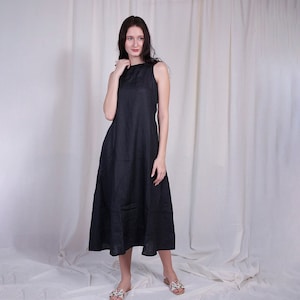 Long Linen Black Dress, Linen Dress With Pockets and Back Chain, Sleeveless linen Dress, Summer Dress, Plus Size, Custom Size