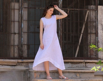 White Linen Dress, Sleeveless With Pockets, Loose Summer Dress, Handmade Dress, Custom Size Dress