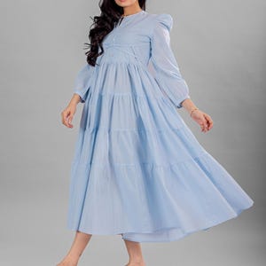 Organic Cotton Maxi Dress, Sky Blue Tiered and Layered Dress, Comfortable Everyday Boho Oversized Dress, Plus Size Maxi Dress