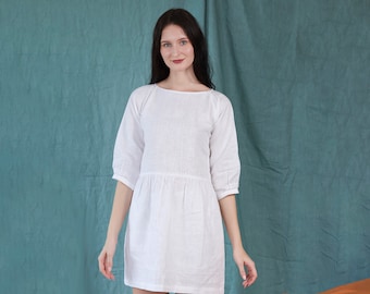 White Linen Mini Dress Tunic top with Pockets, Summer Dress, Knee Length, Pure Linen Dress, Custom Size Dress