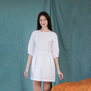 White Linen Mini Dress Tunic top with Pockets, Summer Dress, Knee Length, Pure Linen Dress, Custom Size Dress