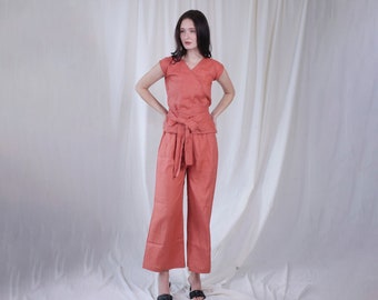 V Neck Linen  Complete pair or Jumpsuit - Short Sleeve, Loos fitting, Pure Line Fabric , Self tied Belt