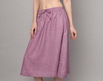 Elastic Waist Linen Skirt, Midi Skirt With Pockets, Knee Length