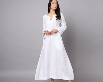 Long White Linen Kaftan Dress, White Abaya, Ankle Length Dress, Long Maxi Dress, Summer White Dress, Plus Size Dress,  Abaya
