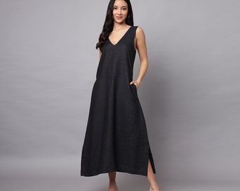 Long Linen Dress, Black Linen Dress, Linen V-Neck dress , Sleeveless linen Dress, Loose Linen Dress in Many Colors