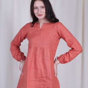 Brown Linen Dress Tunic top with Pockets, Summer Dress, Knee Length, Custom Size, Pure Linen Tunic image 2